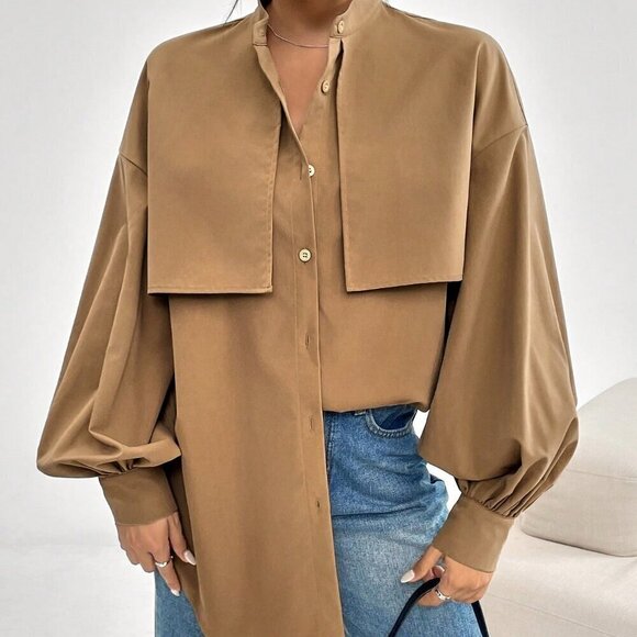 Casual Women's Lantern long Sleeve button down Blouse Tan - Picture 5 of 6